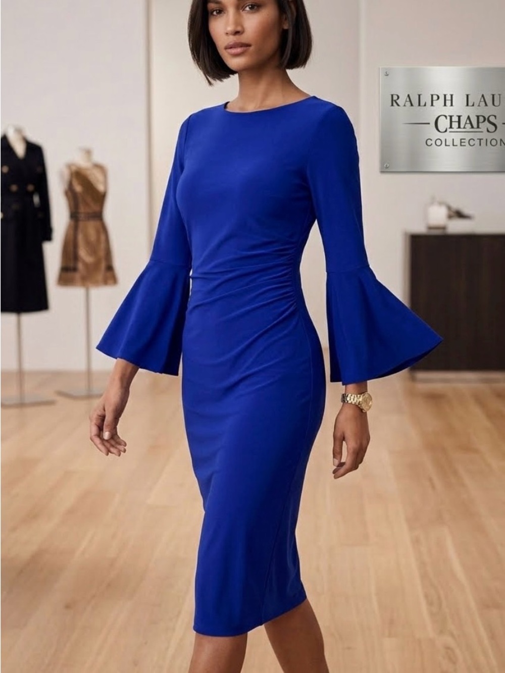 Chaps Ralph Lauren Royal Blue Bell-Sleeve Sheath Dress size XS